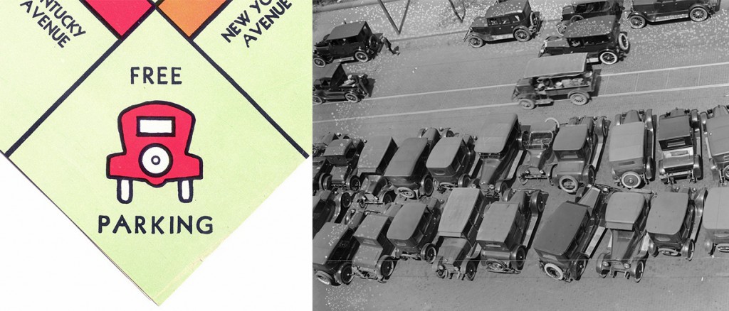 double-park Left: In the 1930s, Parker Brothers' earliest "Monopoly" sets already included the requisite space for free parking. Right: During the 1920s, an absence of restrictions meant that the majority of American city streets were devoted to free parking, rather than the flow of moving vehicles.