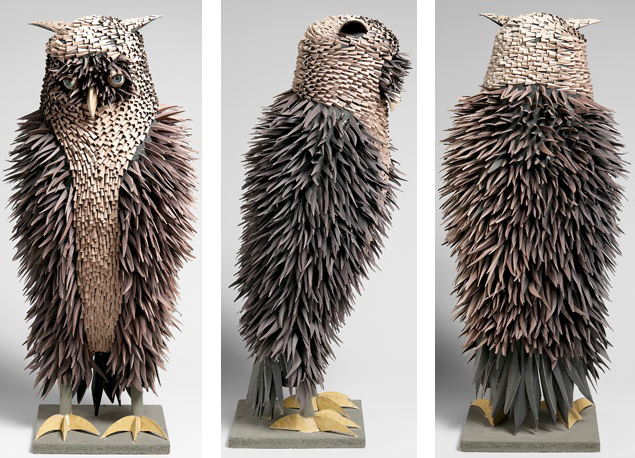 owl Three views of an owl sculpture, made of painted craft paper and doll eyes, which was the last piece Harper completed before he ran out of display room. Photos by D. James Dee, from "Irving Harper Works in Paper."