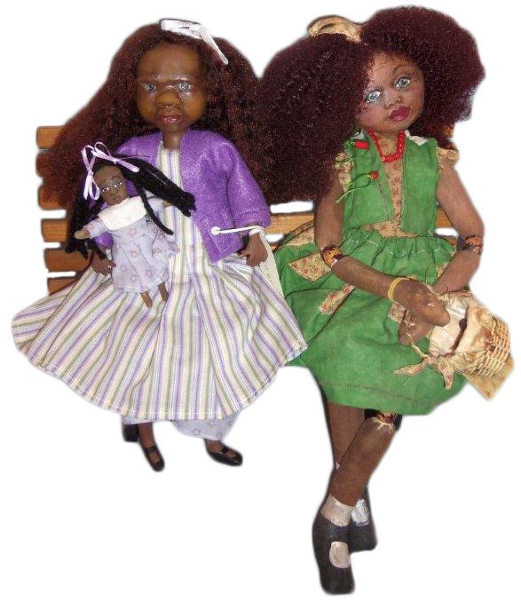 Gloria-Young-Rone-dolls Laura Larue and Lou-Ellen are artist dolls made by black artist Gloria Young Rone, from her Massas Servants doll creations. Photo by Debbie Behan Garret.