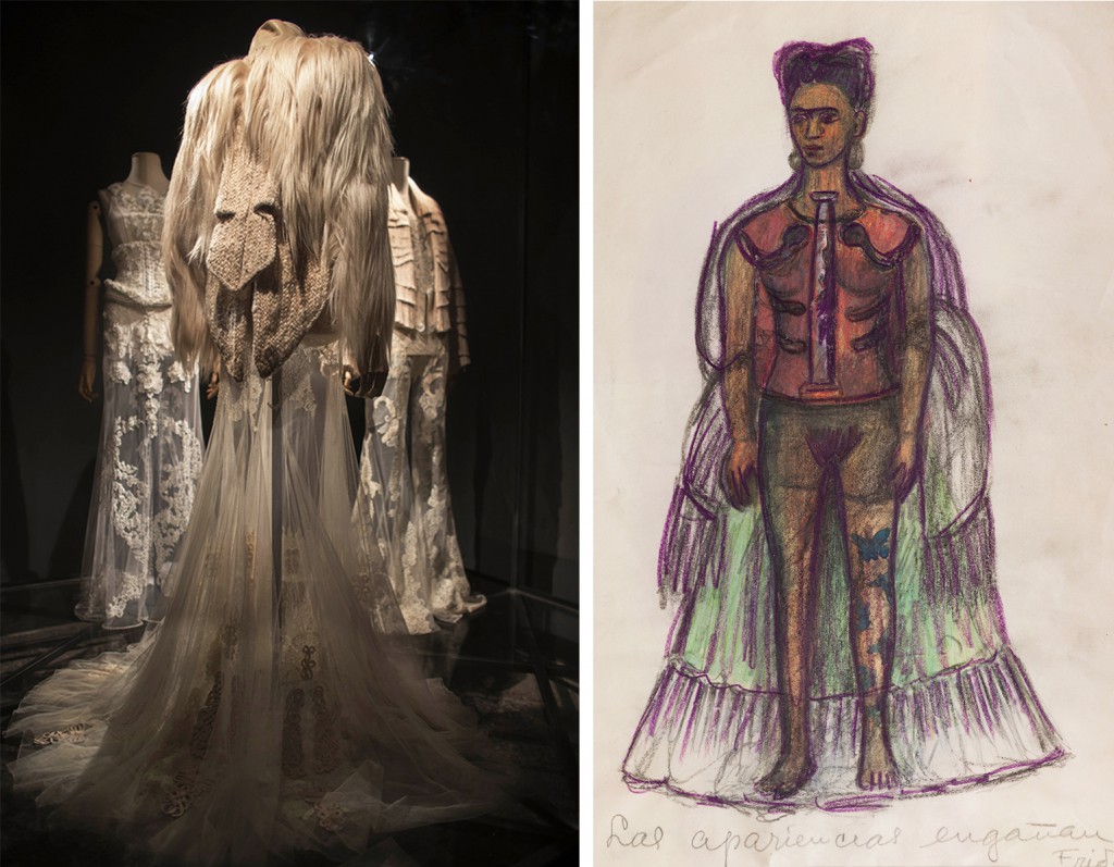 aparencias-2 Left, Tisci's designs for Givenchy's 2010 collection echo the corsetry and transparency of Kahlo's 1934 drawing "Appearances Can Be Deceiving," which shaped the entire exhibition. Photo by Miguel Tovar.