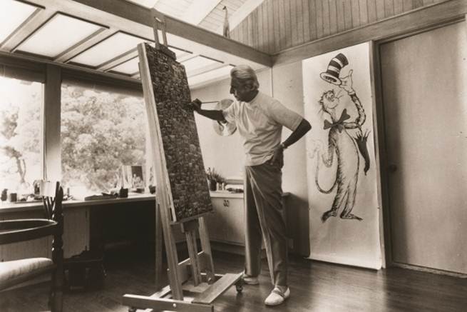 seuss_easel Besides wearing silly hats, Ted Geisel's other method of combating writer's block was to go home and paint. (Courtesy of the Dr. Seuss Estate)