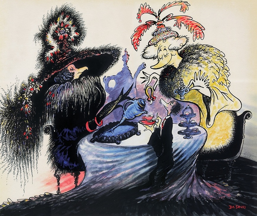 seuss_painting A personal painting, "Raising Money for the Arts," by Theodor Geisel, also known as Dr. Seuss, features society ladies in plumed headwear. (Courtesy of the Dr. Seuss Estate)