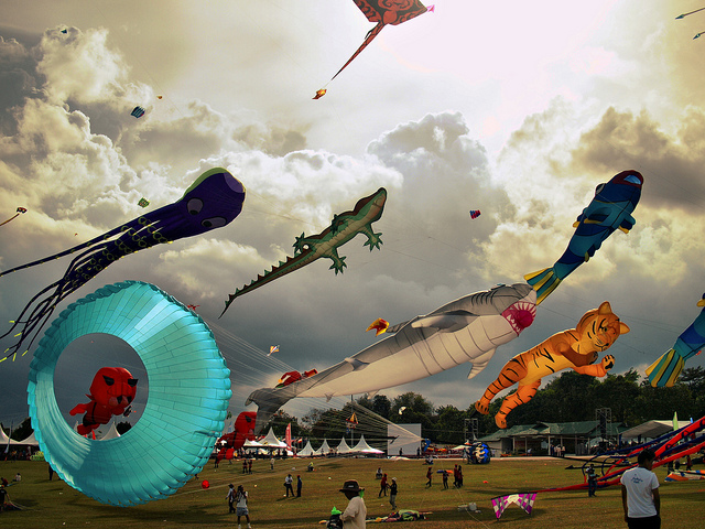 pasirgudang Parafoils shaped like animals seem to leap through the sky at the Pasir Gudang World Kite Festival in Malaysia. A parafoil, a predecessor to the parachute, is a 3-D kite with no sticks. Photo by Amirul Lazan, via Flickr.