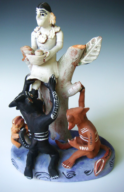 DSC01089 An early Ocumicho piece shows two devils peering up a woman's skirt. Image courtesy Frank and Trinie Valdez of Mexicana Nirvana.