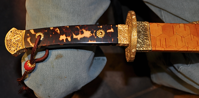 Gaudy This ceremonial sword from the Genghis Khan era features remarkable decoration, including a parquet scabbard.