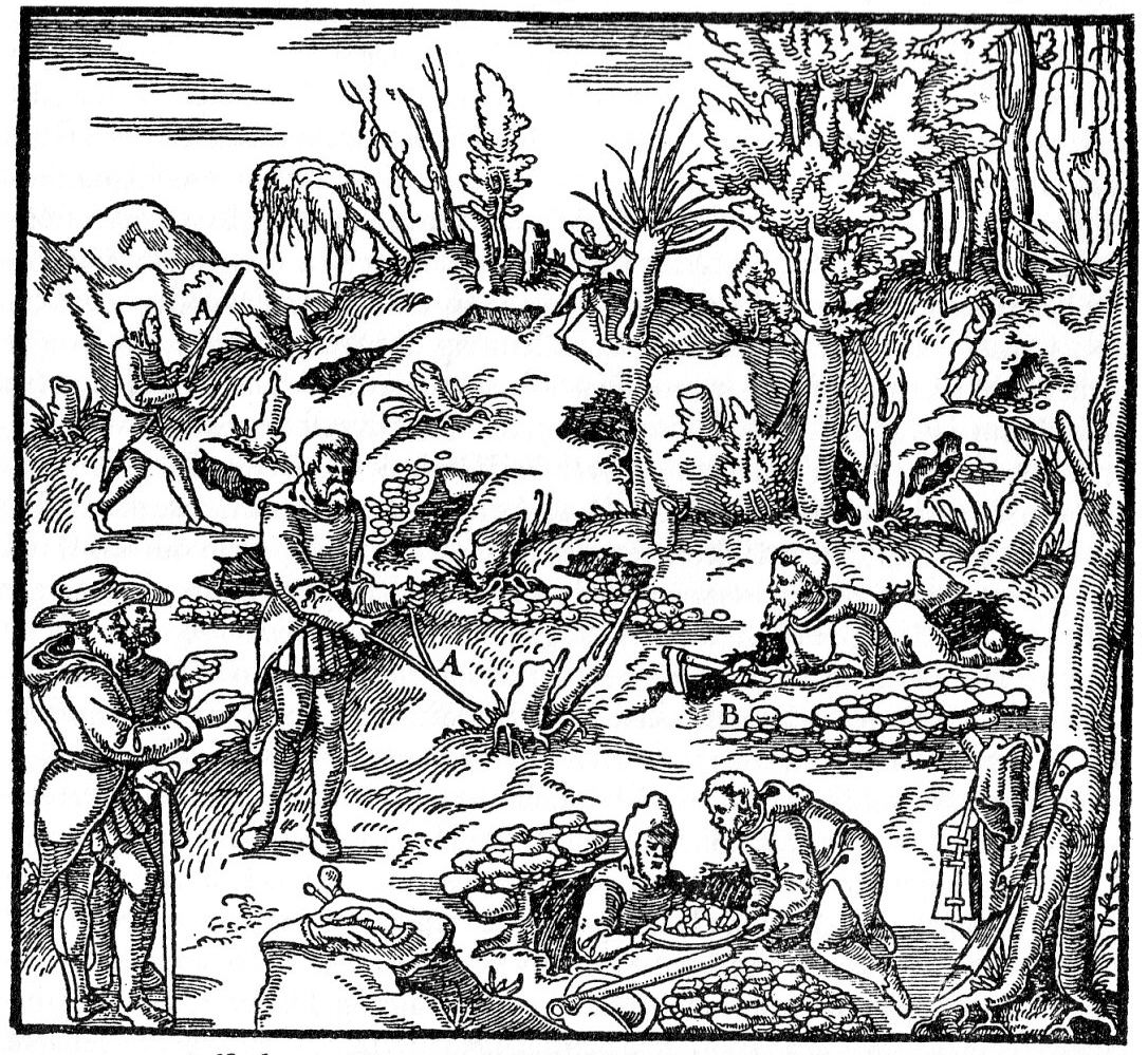 Georgius_Agricola_Erzsucher An illustration from 'De re metallica' shows how dowsing was used to locate minerals underground.