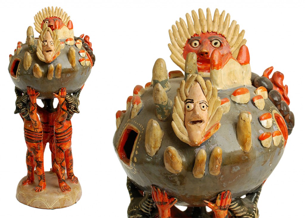 double-close-up Three masked diablitos support a hollow earth complete with open windows, topped with sun and moon characters. Image courtesy Don Lewis.