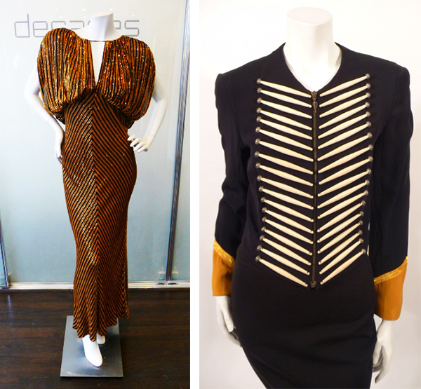 double Left, a 1970s Bob Mackie dress with sequined stripes is perfect for the disco. Right, a 1980s band-leader jacket by Turkish-born designer Rifat Ozbek is adorned faux ivory sticks. Via Decades Inc.
