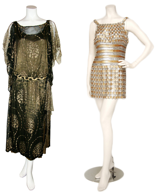 dress-double-1 Left, a black chiffon dress with gold-lamé leaf design is one of Raymond's 1920s finds. Right, Raymond offered this aluminum 1960s dress by Paco Rabanne to Lady Gaga for the 2012 Grammys. It is valued at around $50,000, and Raymond has two. Via The Way We Wore.