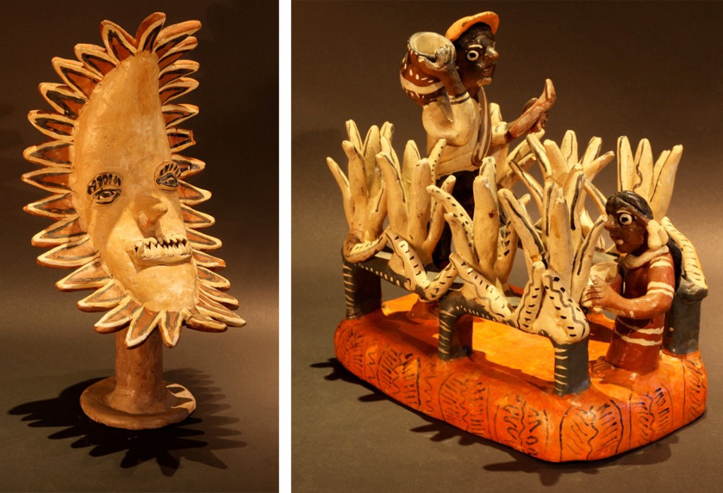 lewis-first-two-pieces Lewis' first two Ocumicho pieces depict a sun god, left, and agave harvesting, right. Images courtesy Don Lewis.