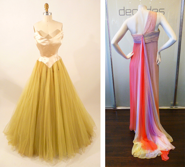 two-tulle Left, a 1952 gown designed by Cristobal Balenciaga for his Spanish label Eisa was originally owned by American socialite Anne Moen Bullitt. Right, a 1970s chiffon gown by Bill Blass plays with ombre using sunset shades. Via Decades Inc.