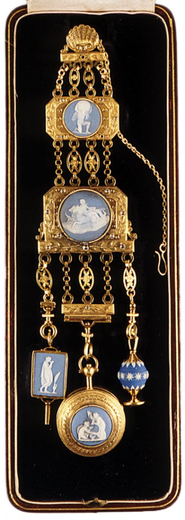 19th-C-early-gold-jasper-diamond-boxed-watch-chatelaine a Regency chatelaine in gold and diamonds with jasper plaques, some made by Wedgwood, including a key, watch, and seal.