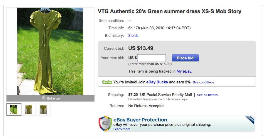 Capture mob dress A screenshot of the eBay listing for a silk dress reportedly worn during a mob-related killing in the 1920s.