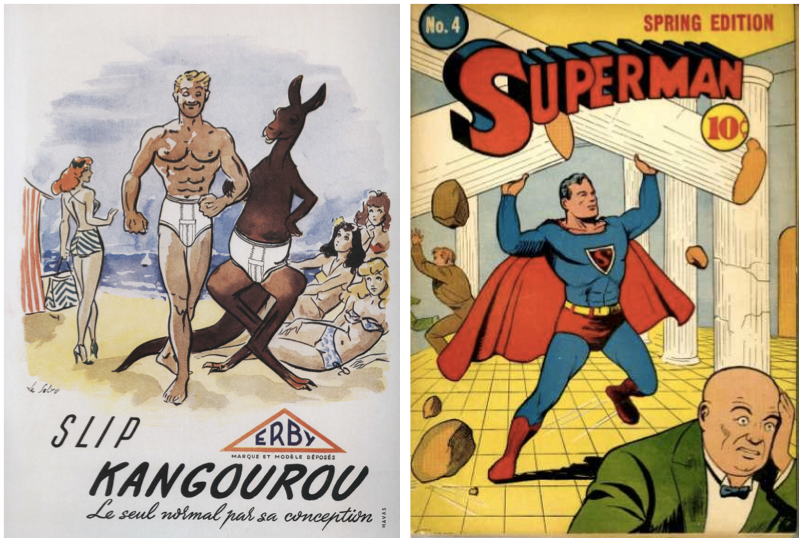 KangaSuper Left: This French brand Kangourou was one of the first to offer "slips," also known as briefs in America. Right: Superman's costume was revealing but modest at the same time. Photo: coverbrowser.com