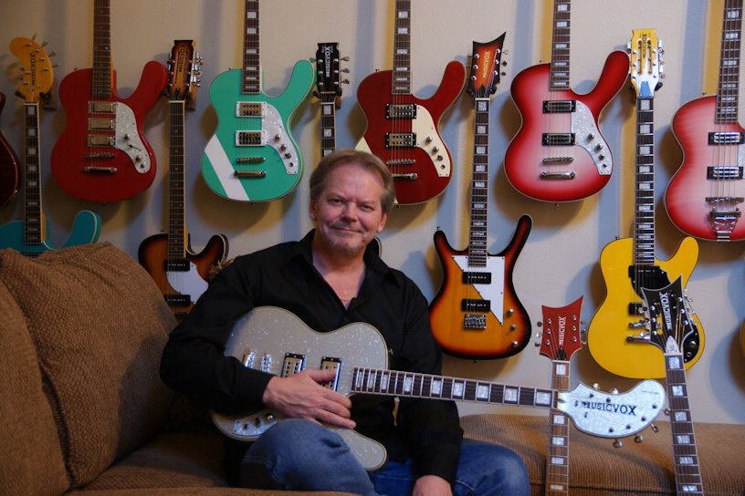 KevinSmith Guitar collector Kevin Smith, with just a few of the 70 or so Musicvox guitars he owns.