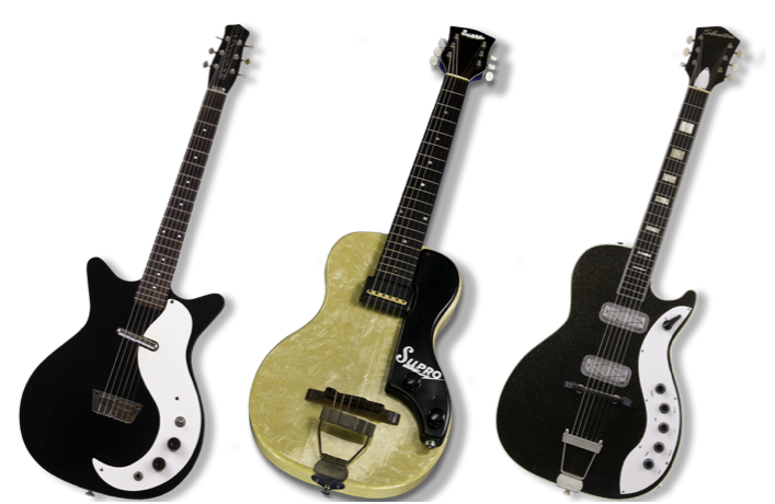 TrioOfOldies Matt Eichen's inspirations for Musicvox guitars include (from left) Danelectro, Supro Ozark (with a mother-of-toilet-seat finish), and Silvertone, which was sold in Sears stores. Guitar Photography: Bart Hackemack.