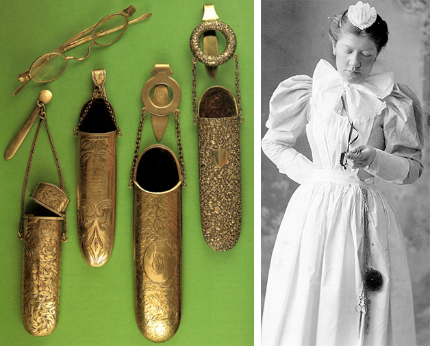 Untitled-1 Left, a variety of chatelaines designed to carry spectacles. Right, This cabinet card image circa 1885 shows a nurse in uniform wearing a long chatelaine with a pinwheel and scissors. She is looking down at her watch, which hangs from her neck on a black ribbon guard chain.
