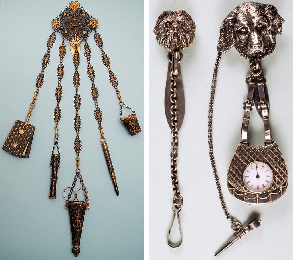 double-mourning-watch Left, this "Faith, Hope, and Charity" chatelaine may have been a mourning piece, as it contained a romantic quote by Henry Wadsworth Longfellow. Right, two sporting-themed chatelaines featuring dog's head medallions.