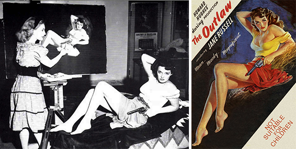 image Jane Russell models for Mozert, who's painting the scandalously sexy promotional art for 1945's "The Outlaws." Via "Tease!" #3.