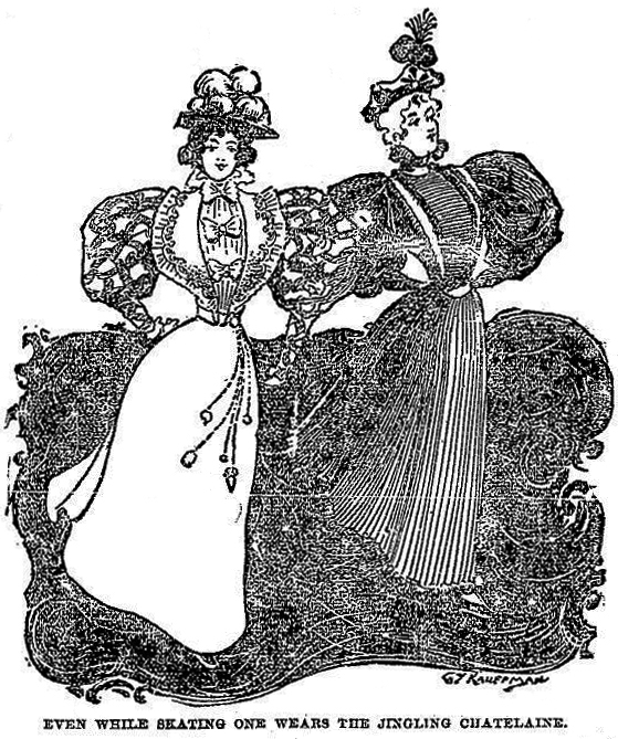 jingling-chatelaine-milford-mail-9-jan-1896 An illustration from Iowa's "Milford Mail" newspaper in 1896 depicts a woman wearing a "jingling chatelaine" even while ice skating.