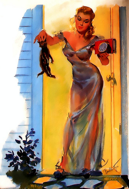 joyceart11 Everyone throws their cat out for the night in a translucent nightgown, right? This is a recurring theme in Ballantyne pin-ups.