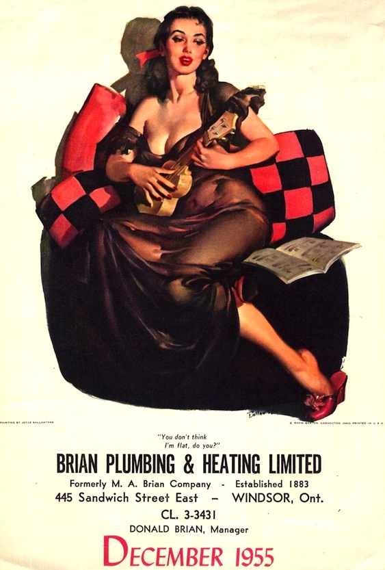 joyceart12 Publishing companies like Shaw-Barton hired pin-up artists to produce art for calendars, like this piece by Ballantyne, which reads "You don't think I'm flat, do you?" Other firms, mostly in masculine industries like plumbing, would order a certain number of pin-up calendars with their names and addresses printed along the bottom.