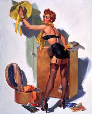 joyceart5 This Ballantyne is a rare woman-painted pin-up featuring black stockings, garter belt, and heels.