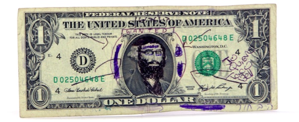 mute1 Mutilated-money collector Harley Spiller, a.k.a. Inspector Collector, says this graffiti-covered dollar was given as change. Via mmuseumm.com