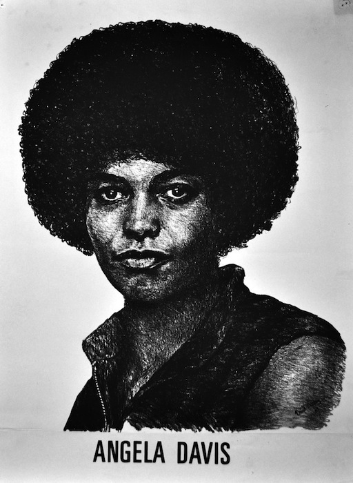AngelaMosleySm Images of Angela created for the black community by artists such David Mosley portrayed Davis as a "strong black sister."