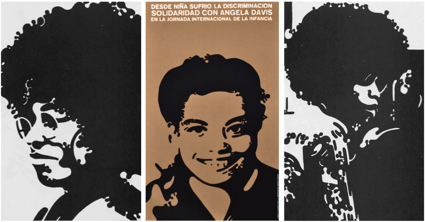 BeltranTrio Two images of Angela that Félix Beltrán worked on in 1971 but never developed into posters (at left and right), plus a lesser-known poster (center) he created featuring an image of Angela as a teenager.