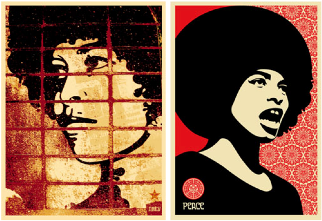 ShepAngelas Artist Shepard Fairey has created numerous posters of Angela Davis. The one on the left, "Rough Angela," 2003, was taken from Félix Beltrán's famous 1971 poster. The one on the right, "Peace Angela," 2005, is based on a Stephen Shames photo from 1972.