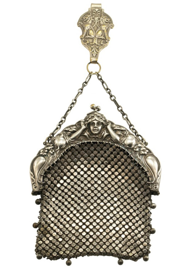 bliss2-edited-1 An E.A. Bliss silver mesh chatelaine purse, circa 1907 to 1915 features an Art Nouveau motif with flowers and a nymph. (From "The Napier Co.")