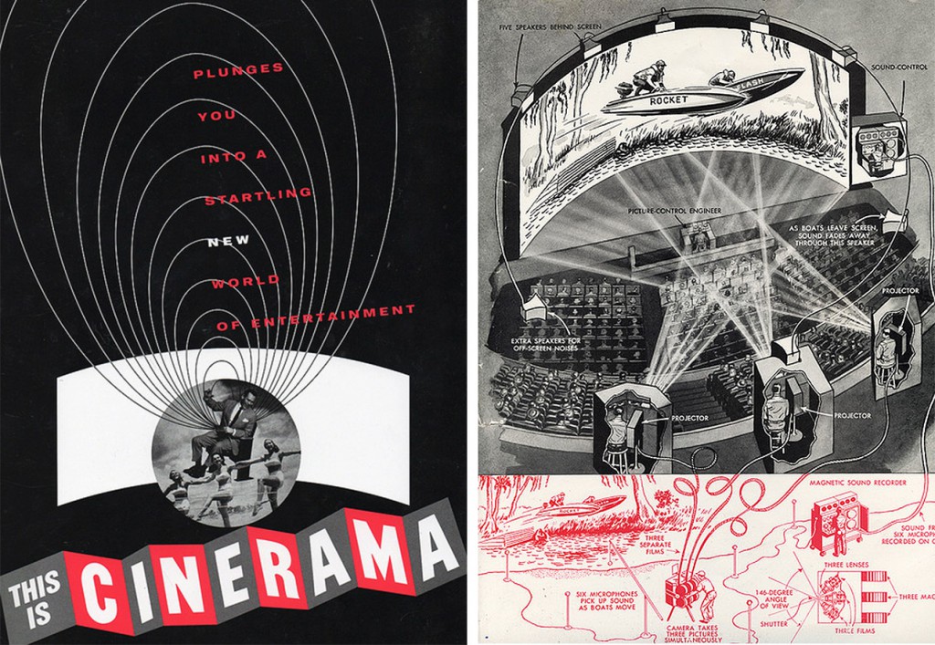 cinerama Top: A 1959 poster for "The Tingler" 1959 hints at the film's interactive experience. Above: Launched in 1952, the curved wide-screen projection system called "Cinerama" was a precursor to IMAX.
