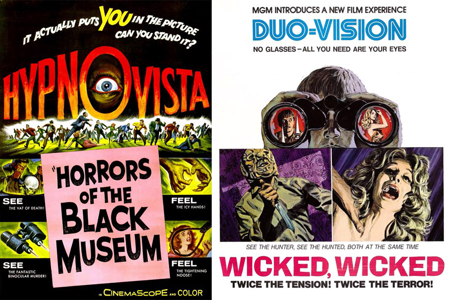 hypno-vision-wicked-wicked "The Horrors of the Black Museum" was shown in "HypnoVista," whereby the audience was supposedly hypnotized. "Wicked, Wicked" utilized "Duo-Vision" to show two scenes side by side.