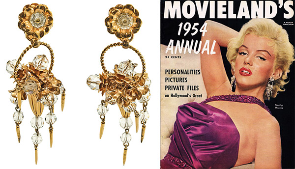 marilyn-double Top: Four hinged filigree bangles, from the late 1920s to early '30s, made from gold-plated brass and glass stones. Above: The large floral-basket earrings Marilyn Monroe wore for the 1954 cover of "Movieland" magazine. (From "The Napier Co.")