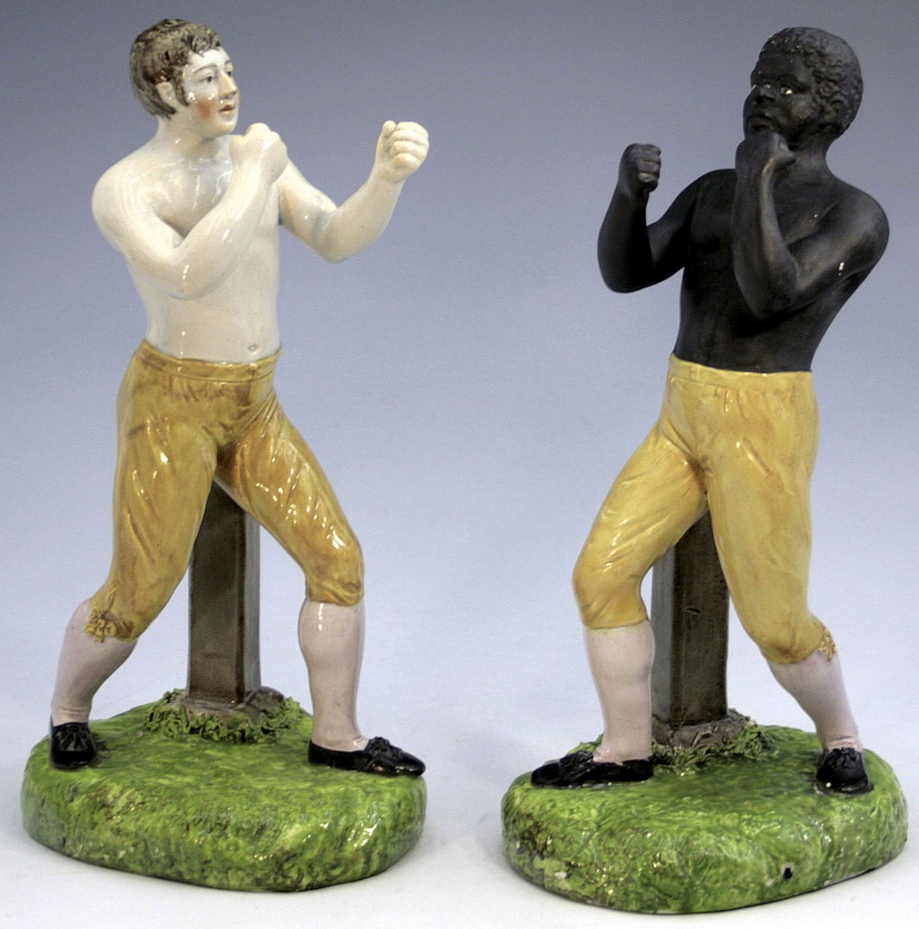 081-002-BBB-copy Top: Schkolne's most enigmatic piece is this "Menagerie" scene, depicting a brutal tiger attack. Above: Pugilists or boxers were some of the earliest sporting celebrities made into Staffordshire figures. Photos © Myrna Schkolne 2013