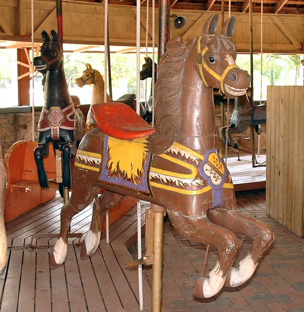 DSCF0081_Parker1912_Firemens This horse on a 1912 C.W. Parker country-fair carousel at Firemen's Park in Brenham, Texas, was produced for Armitage Herschell and was probably were on a track machine before being converted to a jumper. (© Rebecca Nance, via carousels.org)