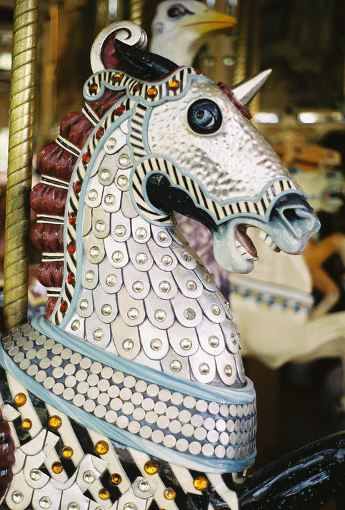 GoldenGate11_HS1914 While Herschell-Spillman made simple machines for carnivals, the company also produced elaborate merry-go-rounds for parks. This knight horse, probably inspired by the carousel's medieval roots, is part of the company's 1914 merry-go-round at Golden Gate Park in San Francisco. (© Aaron Shepard, via carousels.org)