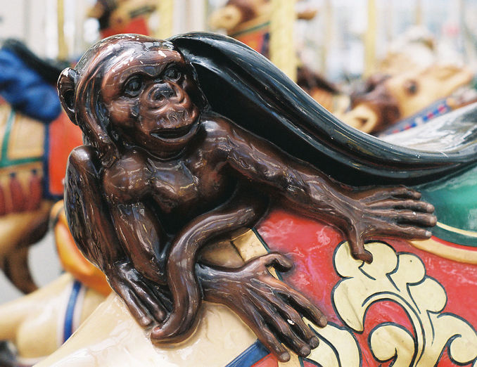 Zeum24_Looff1906 The raised back of the saddle, or the cantle, gave carvers a place to put smaller animals like this monkey on the Children's Creativity Museum merry-go-round. (© Aaron Shepard, via carousels.org)