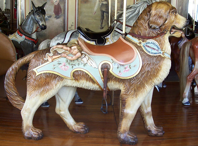 burlingtonco.037_PTC1905 A dog from a 1905 Philadephila Toboggan Company carousel, whose building was closed up and used to store hay. When city officials in Burlington, Colorado, reopened the building, they found a mess, but the carousel had its original paint. (© Jean Bennett, via carousels.org)