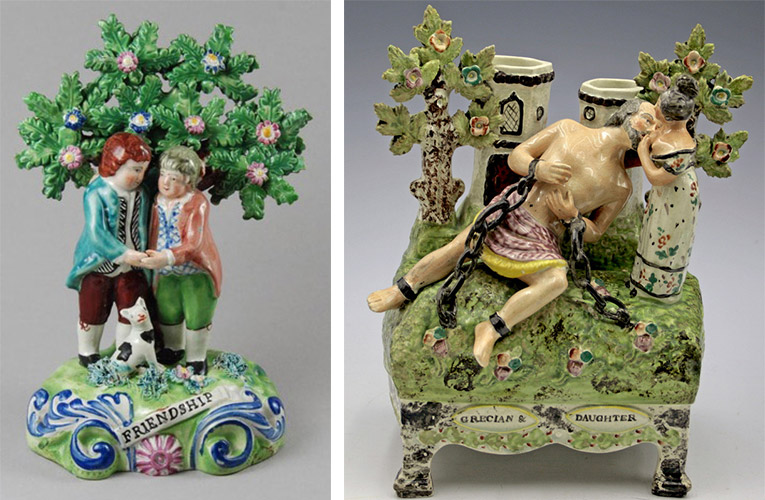classic-images Many early Staffordshire figures represented sweet themes, like this "Friendship" piece shown at left. Eventually, artists incorporated more risque imagery, as seen with the depiction of breastfeeding in the Greek myth of Cimon and Pero at right. Photos © Myrna Schkolne 2013