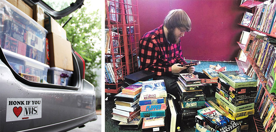 dan-kinem Left, Kinem and Peretic's tape-filled trunk ready for their documentary tour. Right, Kinem pores over stacks of VHS.