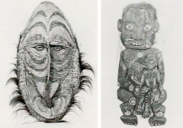 double-1 Two more items from the World Museum from 20th century Papua New Guinea, Indonesia: A 4-foot-4-inch Sepik River basketry gable mask, and a 3-foot-7-inch polychrome Yuat ancestor sculpture of a mother nursing a boy. (From the Christie's auction catalog, courtesy of LaDonna Osborn)