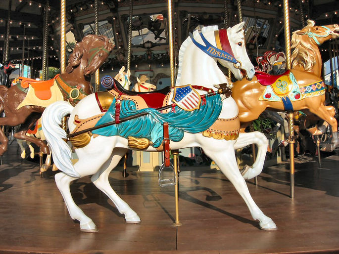 fairpark_miracle2_dentzel1923 Patriotic carousel horses—like Miracle at the 1923 Dentzel carousel at Fair Park in Dallas, Texas—were particularly popular after World War I. (© Chris K Benson, via carousels.org)