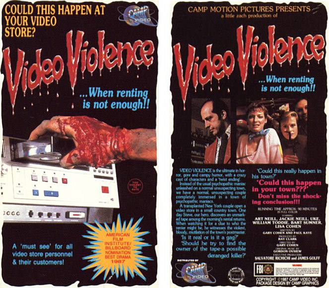 video-violence-vhs-front-&-back2 The cover design for "Video Violence" in 1988 exemplifies gory box art that collectors love.