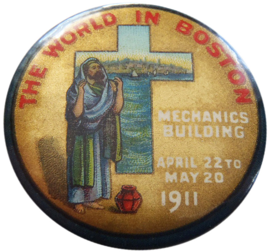 world_pinback--edited-2 A souvenir pinback advertises "The World in Boston," held at Boston's Mechanics Building from April 22 to May 20, 1911.