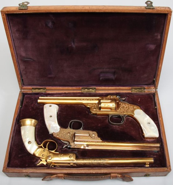 annieoakleyguns Three of Annie Oakley's guns, gold-plated cased presentation pistols, manufactured by Smith & Wesson and J. Stevens Arms & Tool Company, circa 1891. (From the Autry National Center)