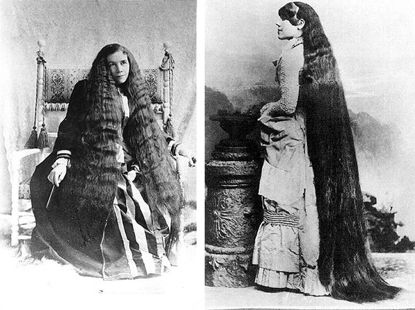 double-1 Left: The oldest sister, Sarah, had the shortest hair and became the group's leader. Right: The second-oldest, Victoria, had the longest hair, 7 feet of it, and was known for extravagant taste. (Via Peachridge Glass)