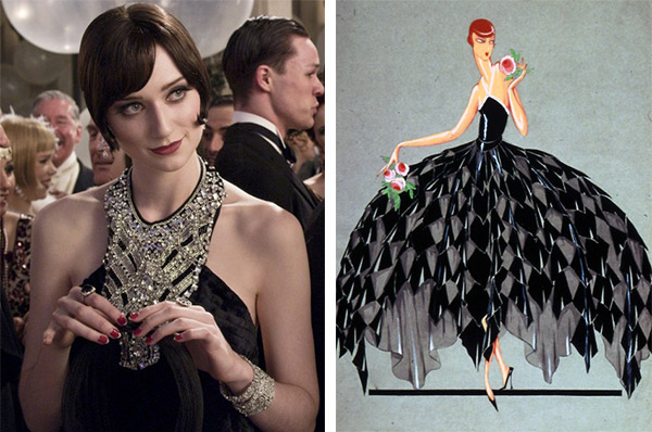 double-2 Jordan Baker (Elizabeth Debicki) wears a modern Prada halter dress that has a similar neckline to a 1928 Jeanne Lanvin fashion illustration. This was a cutting-edge style, not at all what your average woman would dare to wear. (Images from Warner Bros. and FiveFiveFabulous.com)