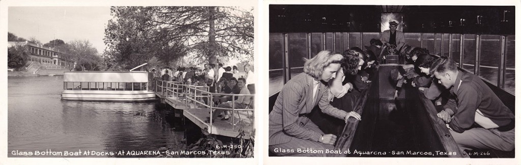 double-glass-bottom Left, the glass-bottom boat docks and Spring Lake hotel, and right, a view of a boat interior, circa 1930s.